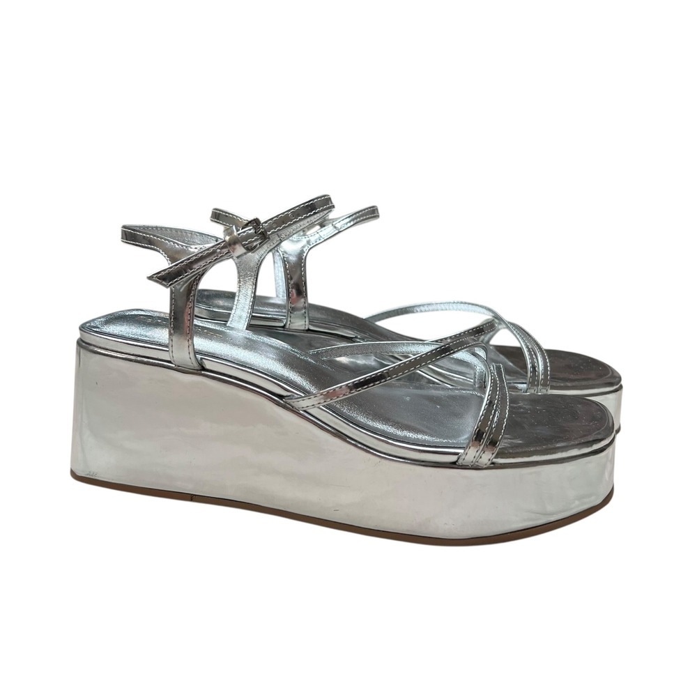 Reformation‎ Zolanda Platform Wedge Strappy Sandal in Metallic Silver SZ 5.5